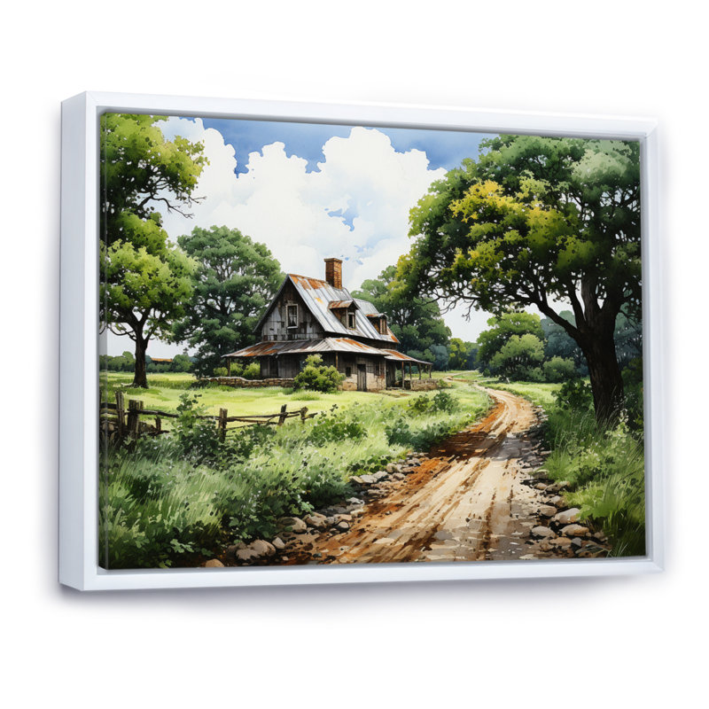 Farmhouse Natures Embrace Pointillism - impression, H 30 po x l 40 po x P 1,5 po, Cadre flottant blanc