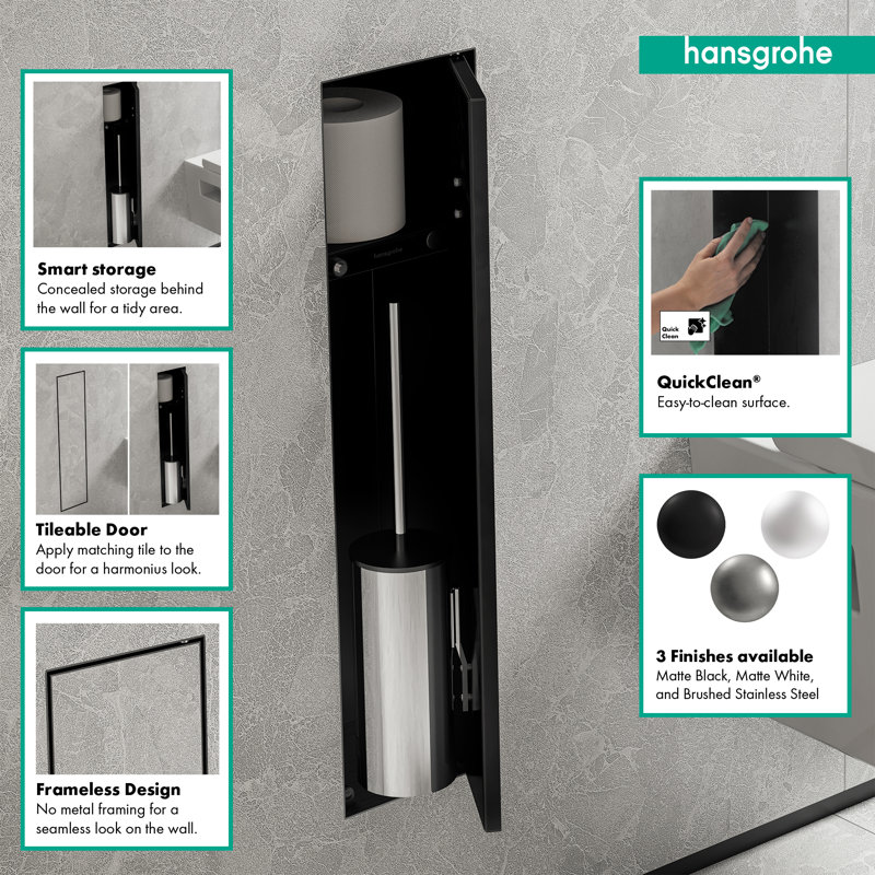 hansgrohe XtraStoris Rock Recessed Toilet Brush Holder with Shelf & Tileable Door, Matte Black