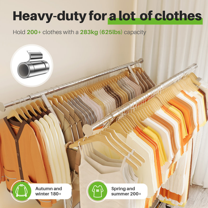 Double Rail Clothes Rack on Wheels, 283kg(625lbs) Capacity, with Mesh Storage Basket & Bottom Shelf, Silver