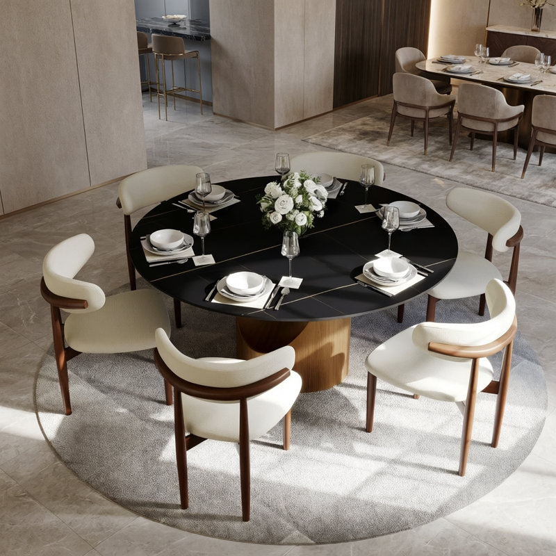 Table de salle à manger moderne en pierre frittée moderne avec base piédestal, H 29,5 po x L 59 po x l 59 po, Noir, Bronze