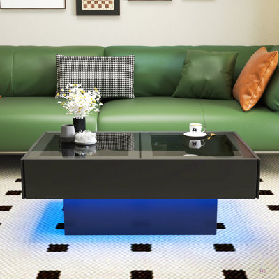 Table basse avec plateau coulissant, table centrale avec compartiment de rangement caché, table extensible pour le salon