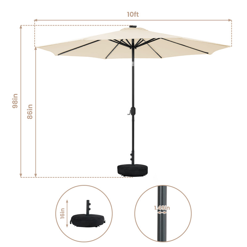 Parasol de patio avec base, Beige, H 98 po x l 120 po x P 120 po