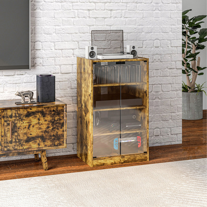 HOMCOM Media Cabinet, 4-Tier Stereo Cabinet, Modern Audio Video Media Stand With Adjustable Shelves, Tempered Glass Doors, And Cable Management, Rustic Brown