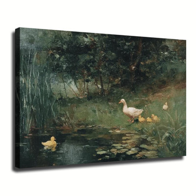«Vintage Duck and Ducklings» par Pond Riverside Forest Scene, reproduction d'art sur toile tendue pour grand salon
