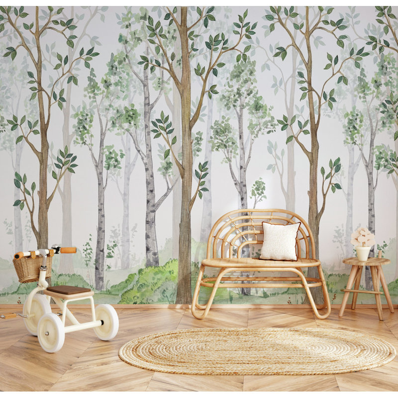 Papier peint arbres aquarelle forêt verte, L 99,96 po x l 150 po