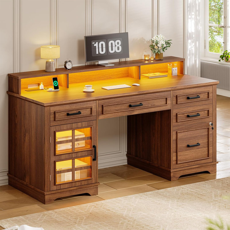 60'' Farmhouse Executive Desk With Drawers, Computer Desk With Power Outlet And Led Light For Office Home, Brown, Brown