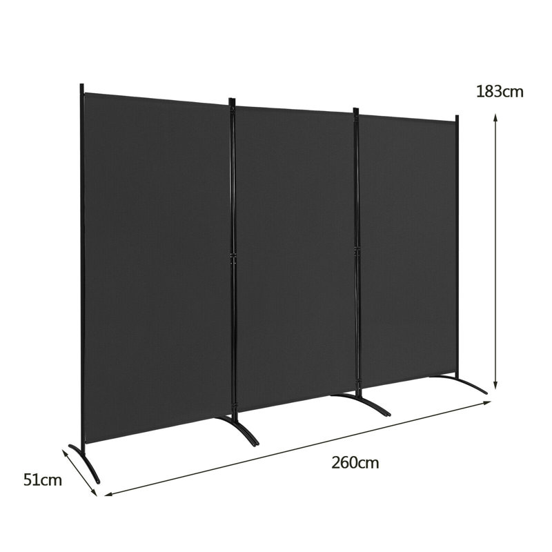 Ecevit 3 - Panel Folding Room Divider, 183cm H x 260cm W x 50.8cm D, Black