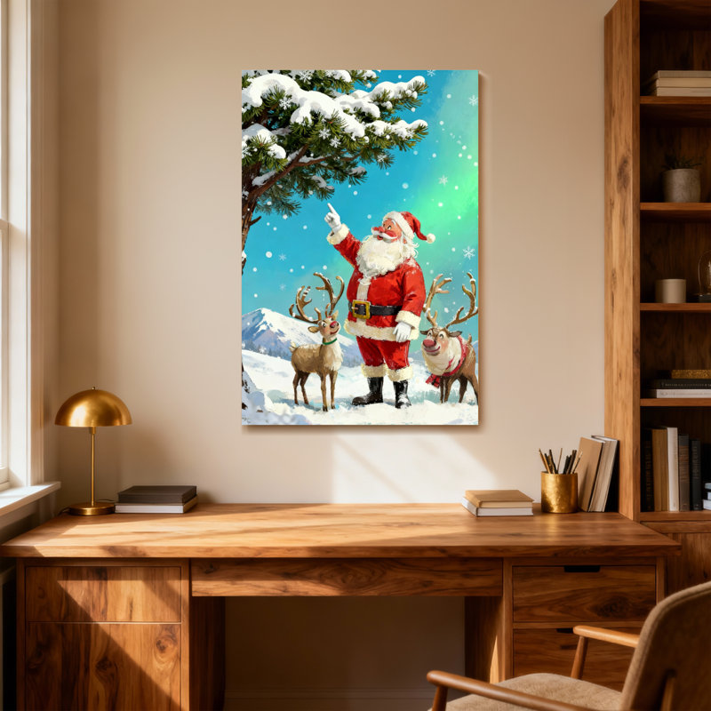Noël père Noël avec renne dans un paysage enneigé, H 18 po x l 12 po