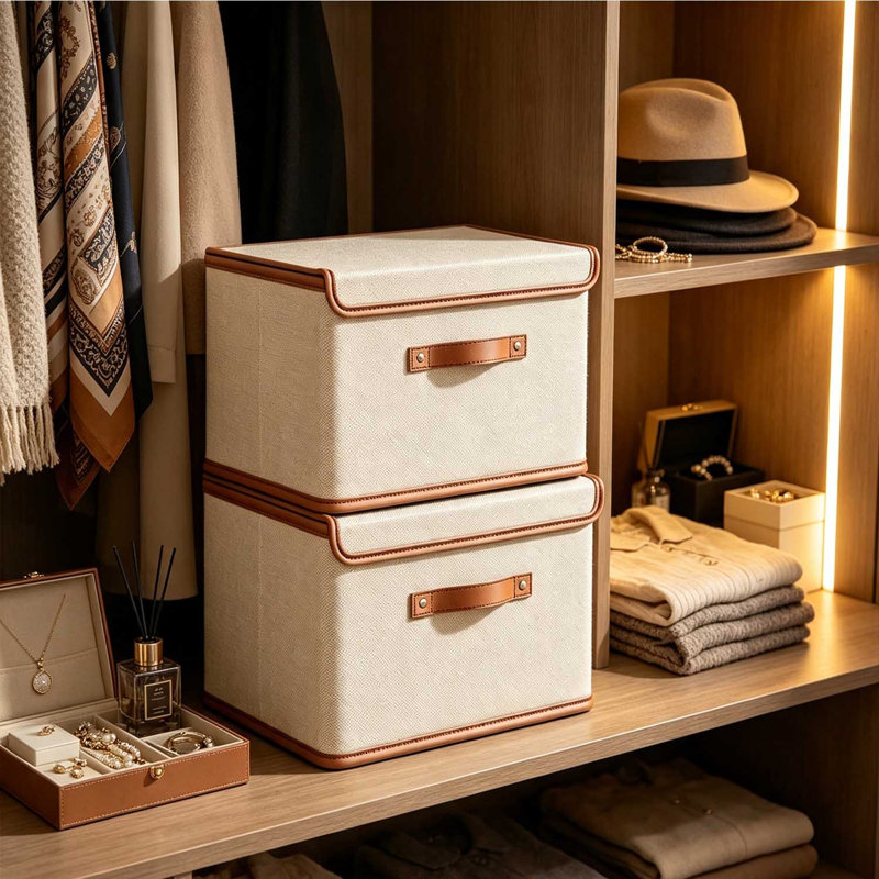 Paquet de 2 paniers de rangement avec couvercles, boîte de rangement pliable, boîte de rangement en tissu avec poignées, boîtes de rangement décoratives avec couvercles pour organiser les vêtements, couverture, blanc, très grand