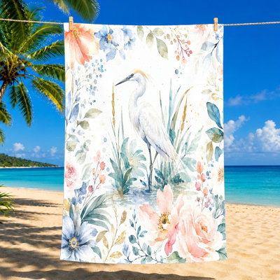 Serviette de plage élégante 1 Heron Floral, conception d'aquarelle, parfaite pour la piscine, les voyages et les activités de plein air, avec un paysage botanique aquatique serein