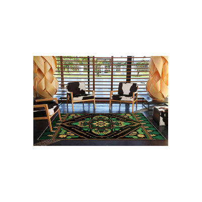 Black Themed Traditional Motif Ethnic Patterned Vintage Decorative Rug