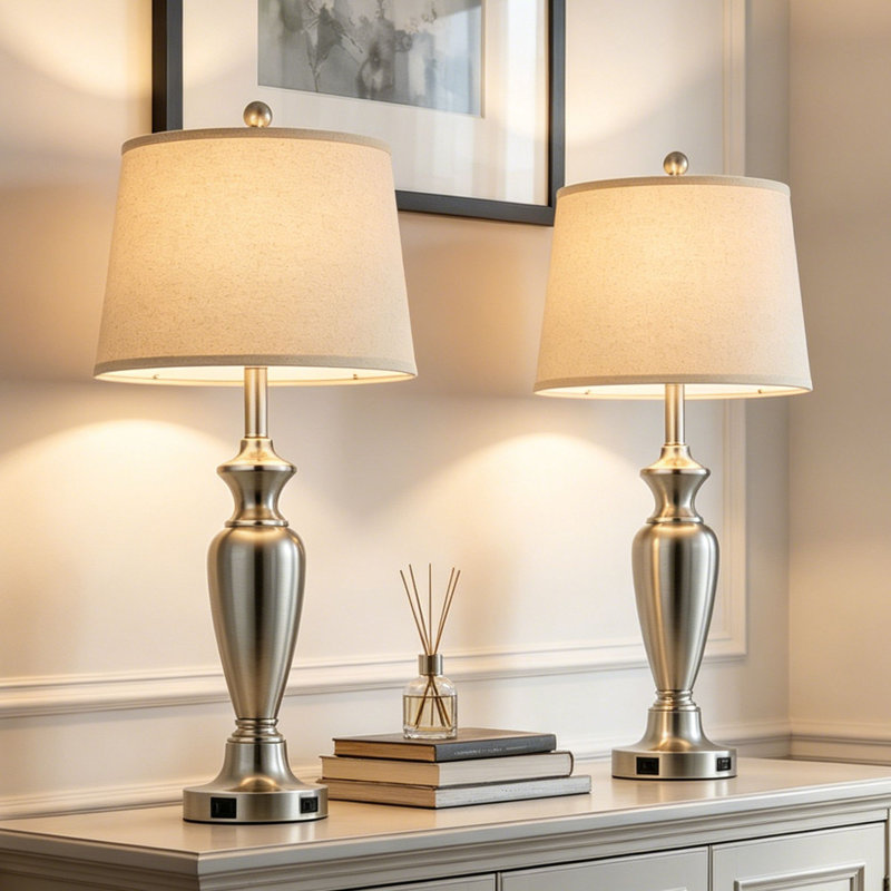 30” Black Touch Control Table Lamps With USB & Type-c Ports, Led Bulb Included, Brushed Nickel