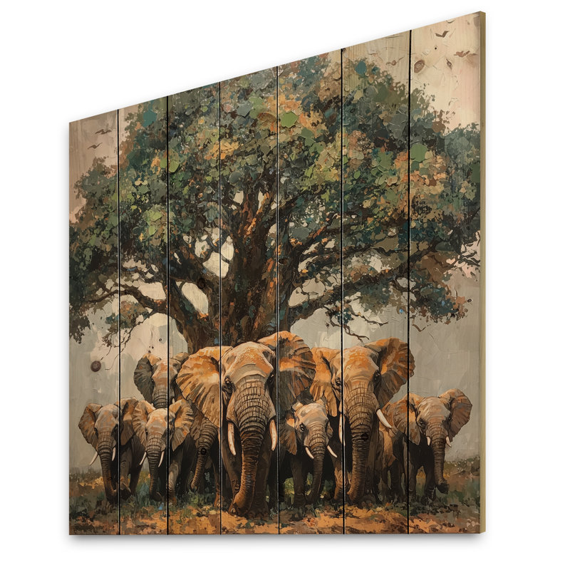 Éléphants d'Afrique par le baobab III - Impression sur bois d'éléphant - sur bois de pin naturel
