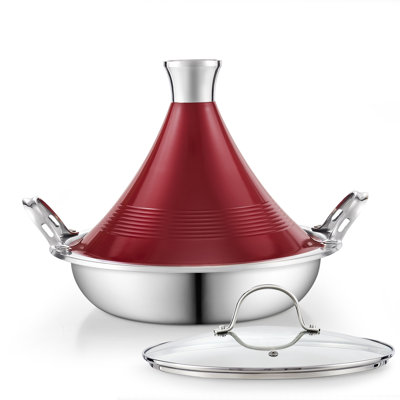 Cooks Standard Moroccan Tagine Pot, 3.6 Qt Multi-Ply Clad Stainless Steel Pan With Dual Handles, Red