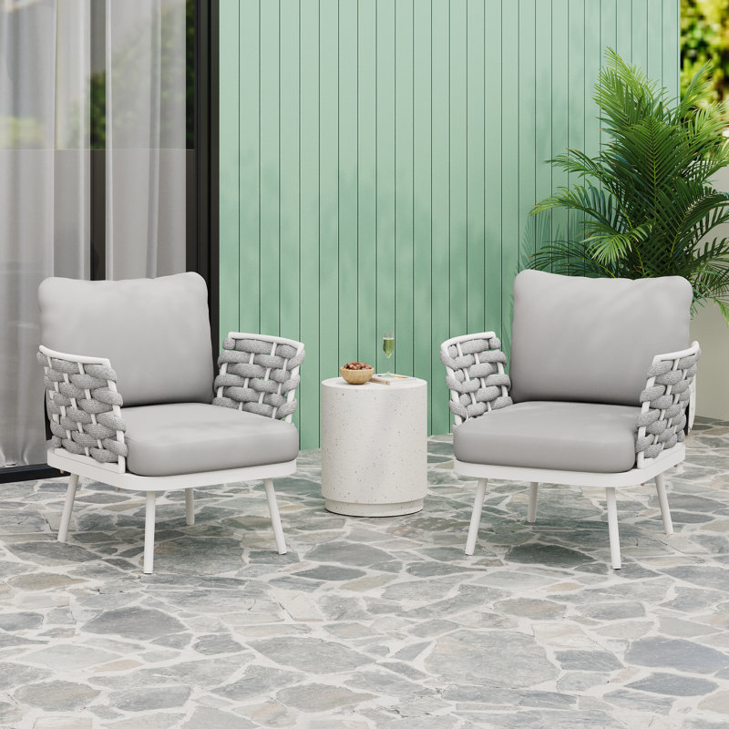 Kris Outdoor Woven Rope Lounge Chairs With Steel Frame & Cushions, Light Gray Cushion/White Frame