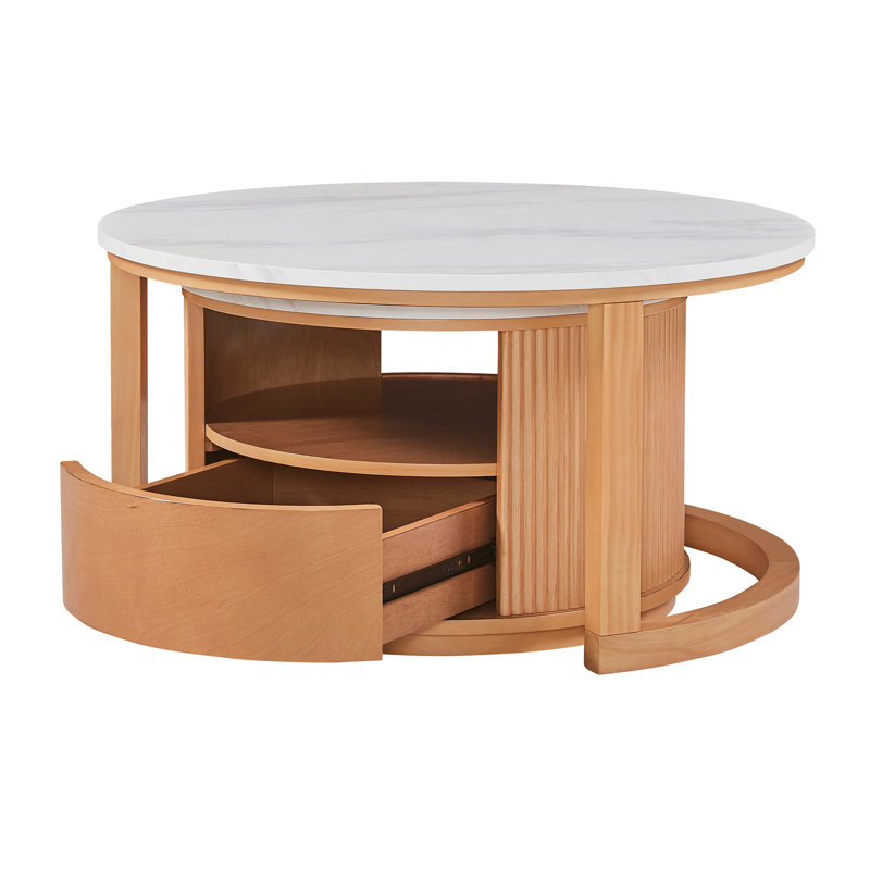 Table basse gigogne ronde avec plateau en marbre blanc, rangement à 2 niveaux et 1 tiroir, naturel, 28,5 po