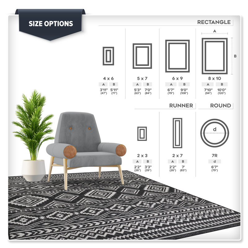 Tapis intérieur / extérieur noir / ivoire Waikiki Domek, Rectangle 8 pi x 10 pi, Black/Ivory
