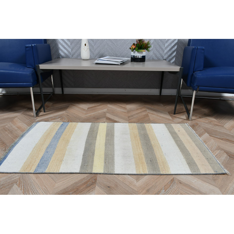 Vintage Small Turkish Kilim With Striped Oushak Pattern In Beige With Colorful Accents Ideal For Bathrooms