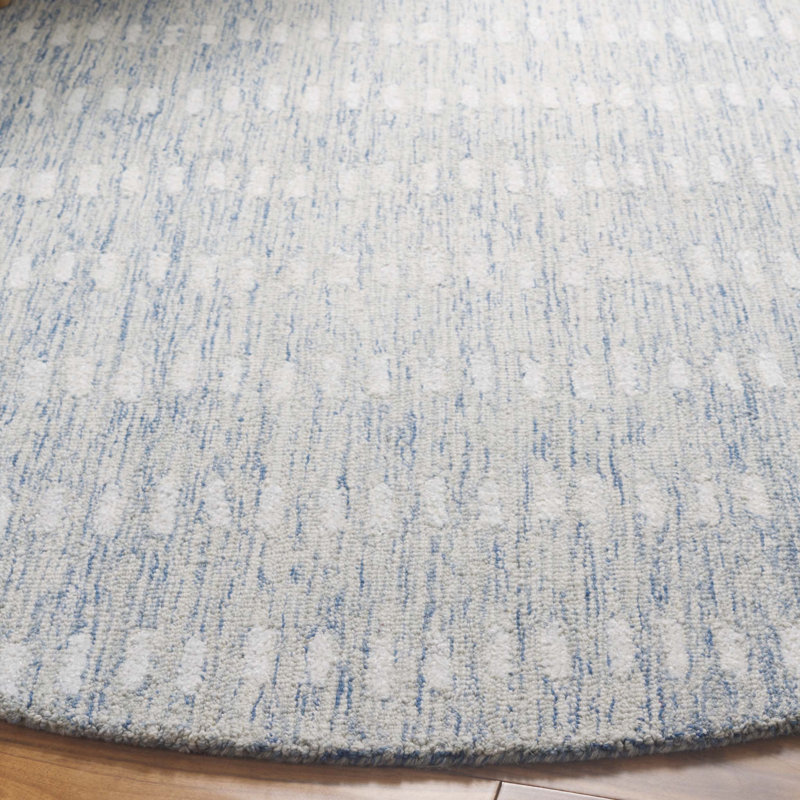 Tapis ivoire / bleu en laine / chenil / coton touffeté à la main Vrooman, Rond 6 po