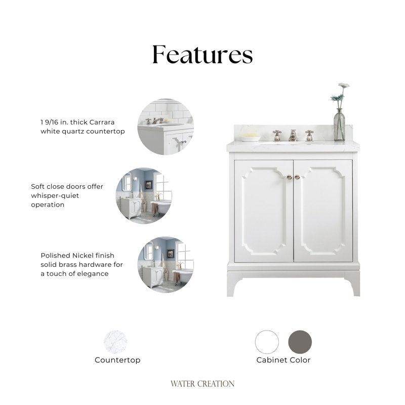 Queen 30" Sink Carrara Quartz Countertop Bath Vanity with Faucet, Hook, Pure White