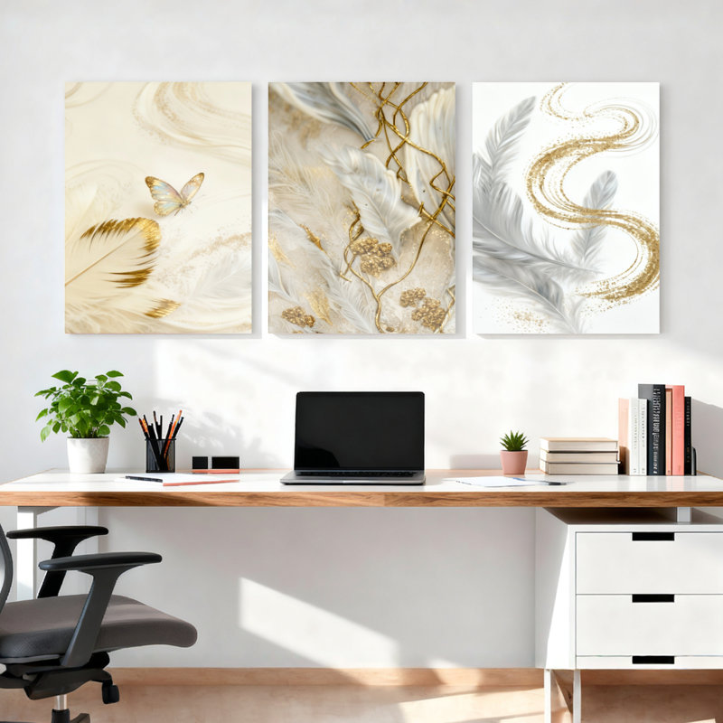 Tableau abstrait sur toile tendue, motif plumes dorées et papillons, style bohème chic élégant (lot de 3), H 24 po x l 48 po