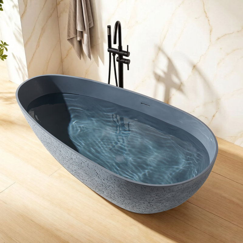 67” Freestanding Solid Surface Outdoor Soaking Stone Bathtub With Concrete Textured