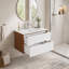 Meuble-lavabo mural 32 po blanc et noyer avec tiroirs à fermeture en douceur et lavabo en porcelaine