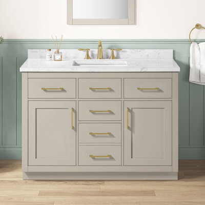 Athea 48 in. Single Sink Freestanding Greige Bathroom Vanity with White Engineered Marble Top, Gold Hardware