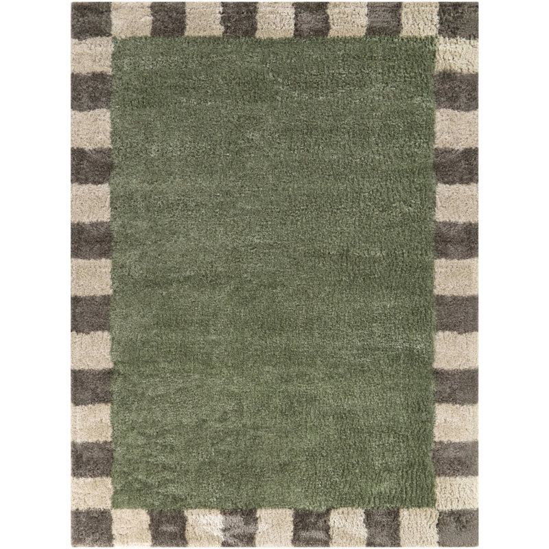 Tapis à bordure géométrique vert Franklin, Rectangle 5 pi 3 po x 7 pi