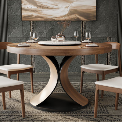 Walnut Tone Solid Wood Round Dining Table With Marble Removable Lazy Susan Tray