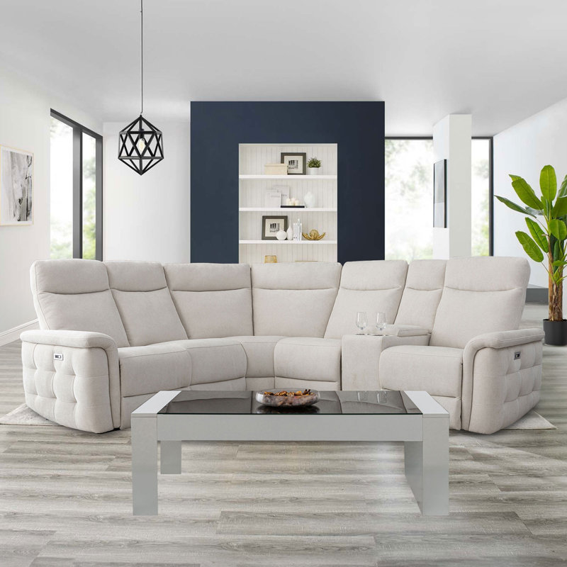 Upholstered Power Reclining Curved Sectional, Beige Fabric