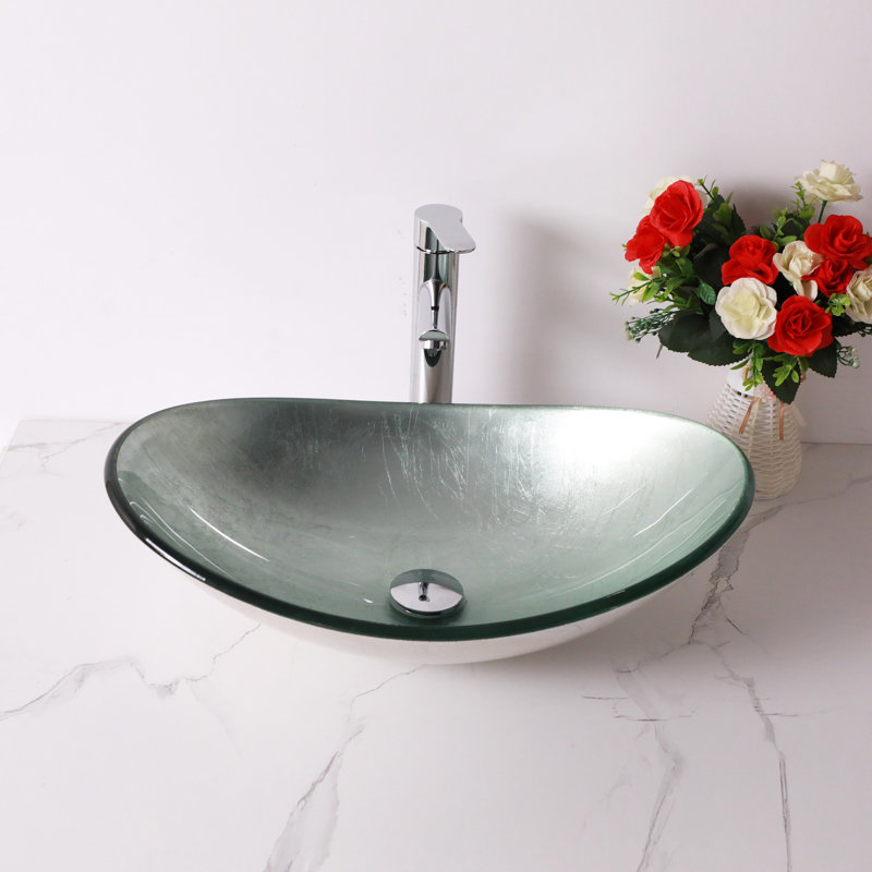 21-1/2 in. Elegant Glass Circular Vessel Basin  Silver Glass Round Vessel Bathroom Sink with Chrome Pop-up Drain