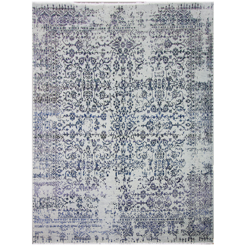Tapis bleu clair et noir noué à la main de haute qualité