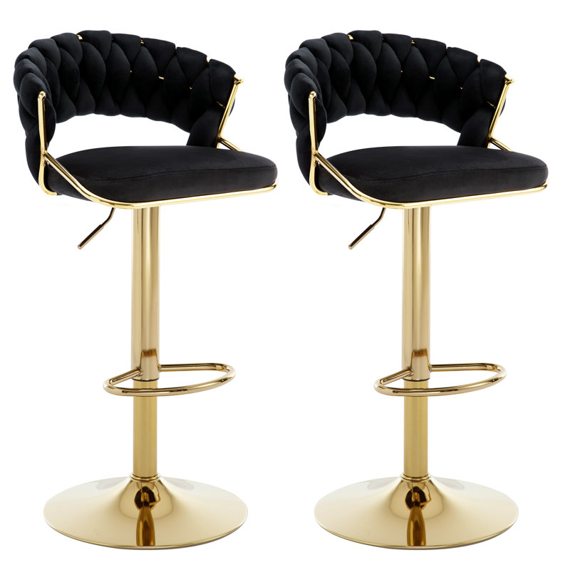 Adjustable Velvet Gold Bar Stools with Woven Open Back for Kitchen Island , Black