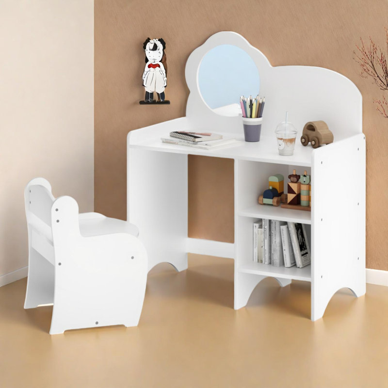 Kids Vanity Table & Chair Set with Mirror and Storage Shelves for Playroom