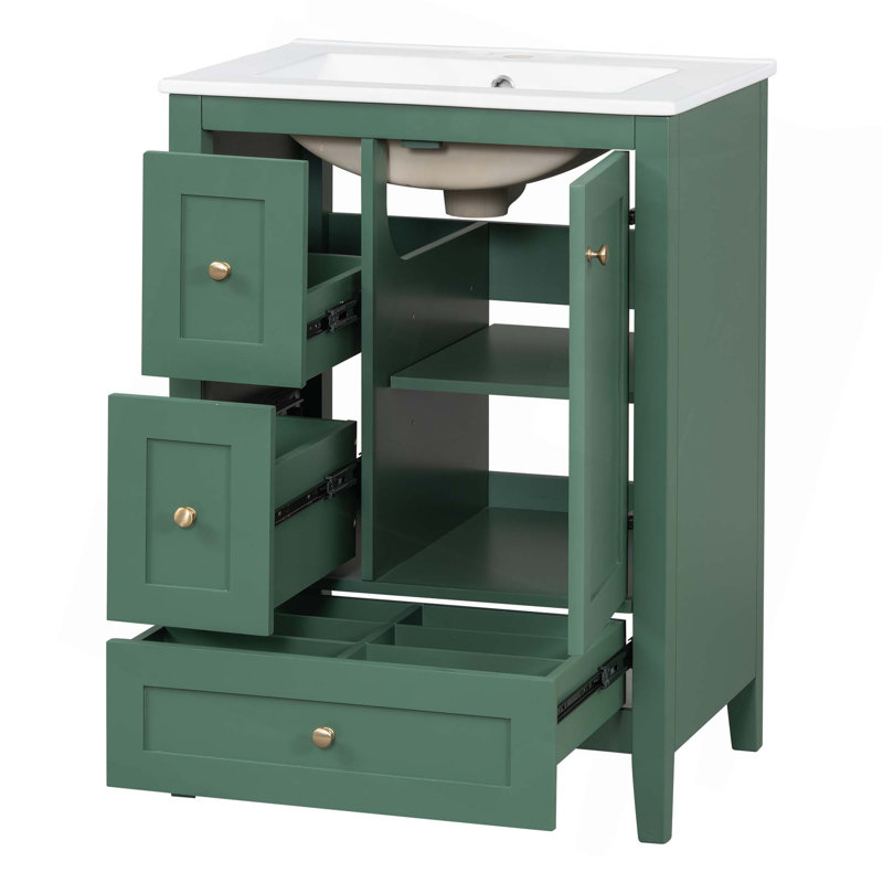 Meuble-lavabo de 24 po avec rangement, tablette réglable, panneau de fibres à densité moyenne et bois d'hévéa, cloisons amovibles