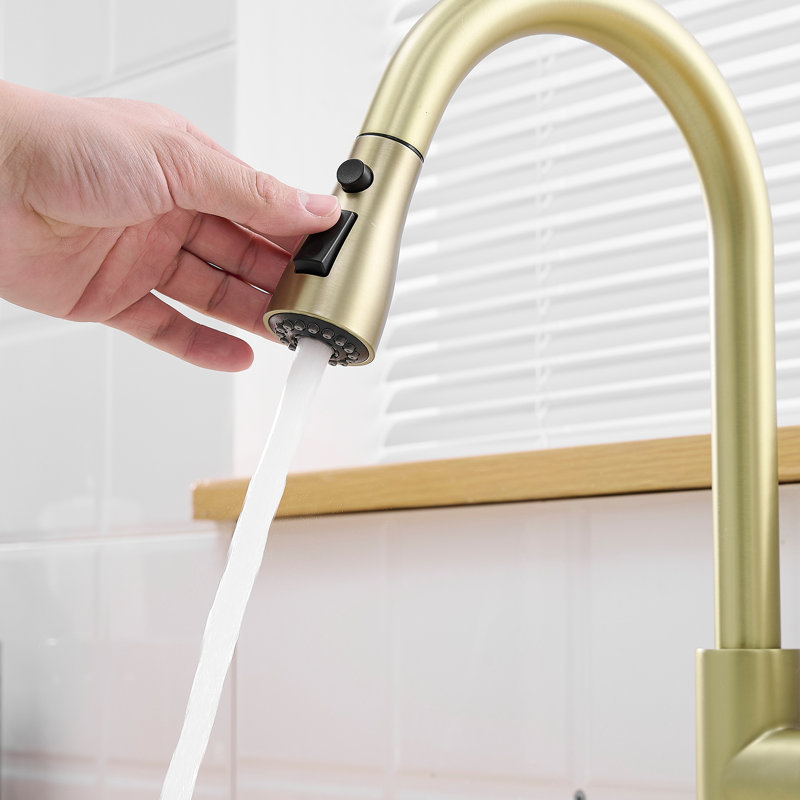 Robinet de cuisine en nickel doré avec plaque de pont et extractible, poignée simple, jet de pluie rotatif à 360 °, remplisseur en céramique, acier inoxydable, robinet d'évier moderne et poignée simple, jet de fusion rotatif, contemporain