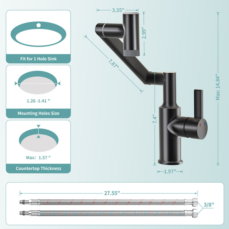 Matte Black Single Hole Bathroom Faucet With Temperature Display And 1080° Swivel, Matte Black