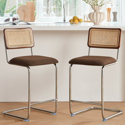 Natural Rattan Counter Height Stools Set of 2 with Solid Wood Back, 24.8'' Mid Century Modern Cesca Bar Stools, Brown Upholstery Boho Stool for Kitchen Counter with Chrome Metal Legs