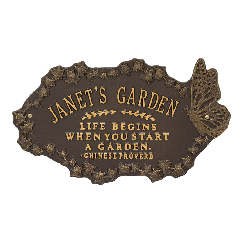 Plaque de jardin en aluminium avec texte et chiffres, Oui, Bronze/Doré
