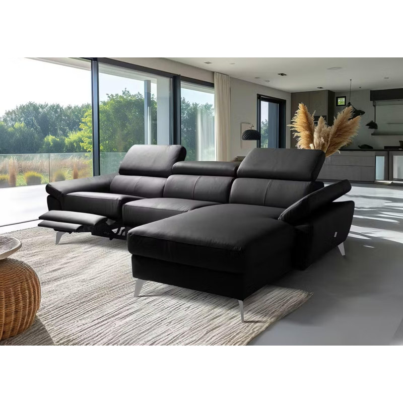 Milton Keynes Italian Leather Electric Reclining Corner Sofa with Adjustable Headrests and Adjustable Armrests, Black