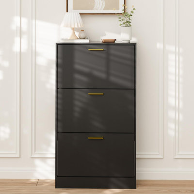 Shoe Cabinet, Free Standing Tipping Bucket Shoe Rack Organizer With 3 Flip Drawers, Modern Entryway Shoe Storage With Top Display, Narrow Slim Hidden Shoe Cabinet 