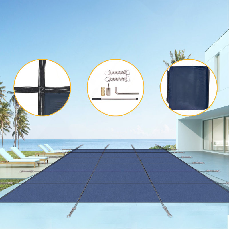 Couverture de sécurité hivernale pour piscine creusée de 16 x 32 pi (dimensions de la couverture : 18 x 34 pi), couverture de piscine en maille bleue robuste à triple couture