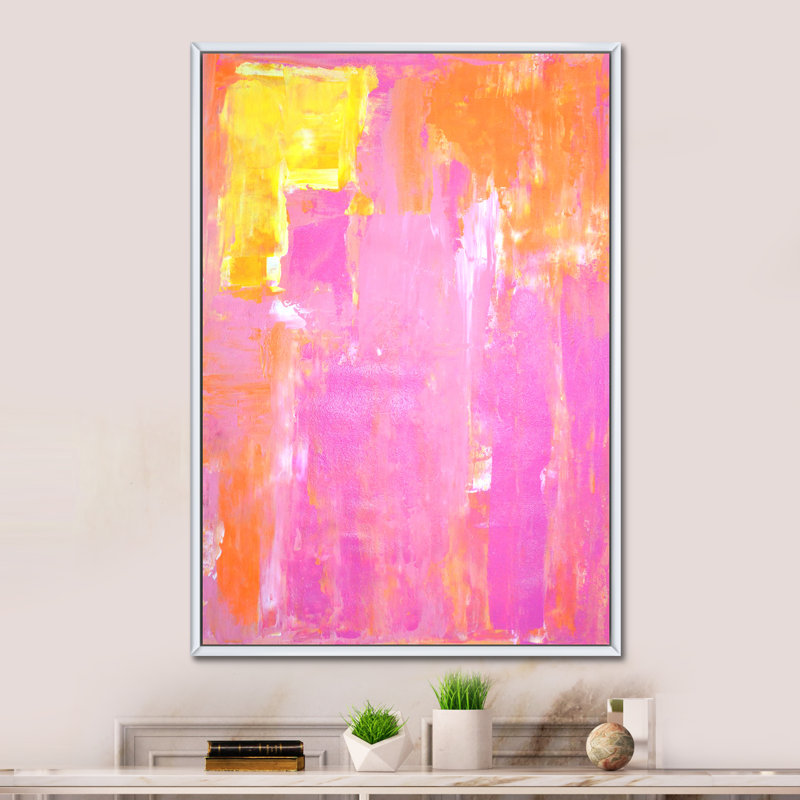 Jaune et rose abstrait - Décoration murale moderne et contemporaine en toile, H 32 po x l 16 po x P 1 po