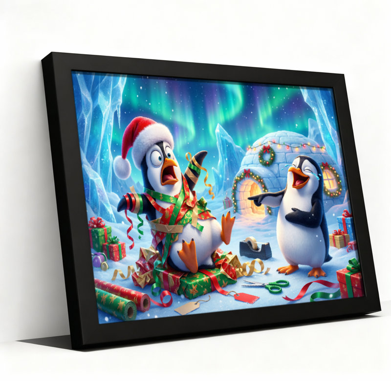 Tableau sur toile tendue représentant une scène de Noël avec des pingouins, aurore boréale et igloo (lot de 1), Noir