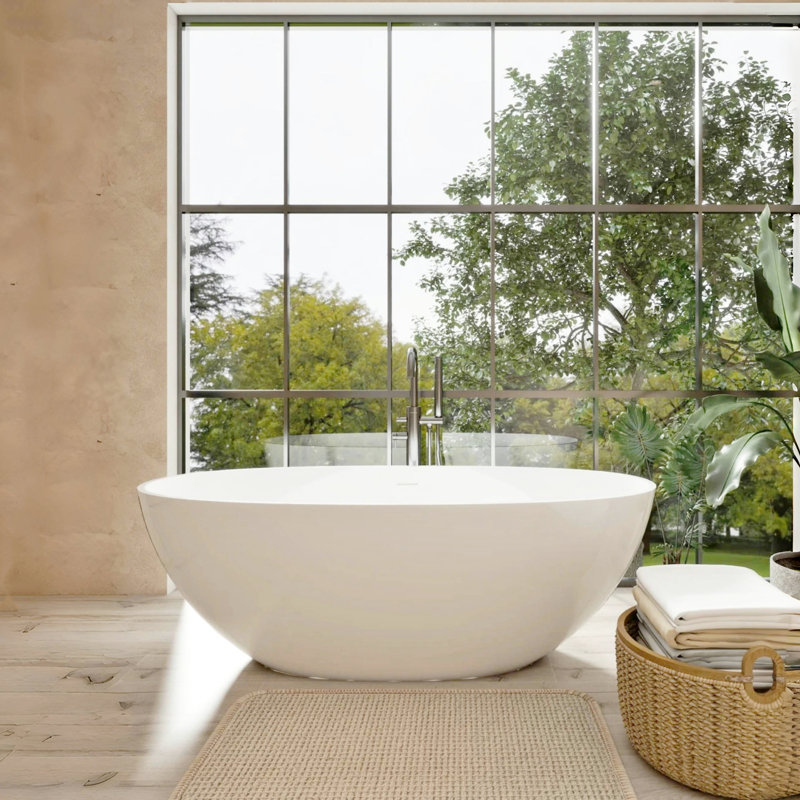 65" Freestanding Solid Surface Soaking Bathtub, Glossy White, Large - Capacity Soaking, Comfortable Back Support Design Luxury Tub, Efficient Overflow And Pop Up Drain, Non Staining