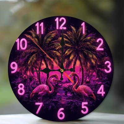 Horloge flamant rose néon avec palmiers