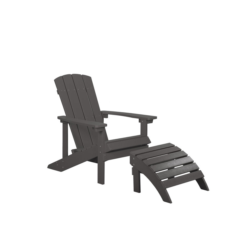 Jaelyn Acacia Foldable Outdoor Adirondack Chair With Ottoman, Dark Grey