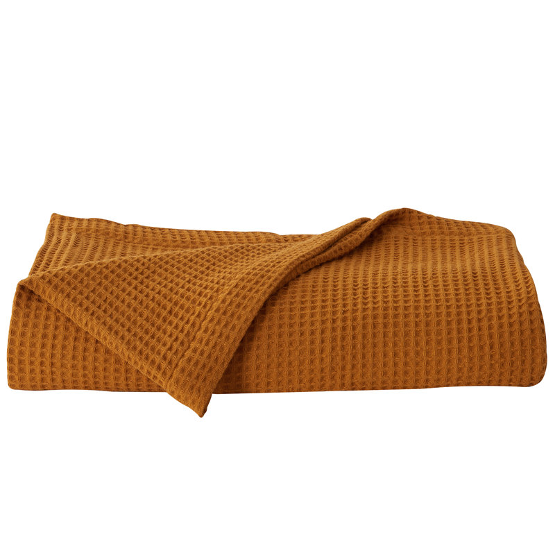 King Size Waffle Weave Cotton Knitted Blanket in Mustard
