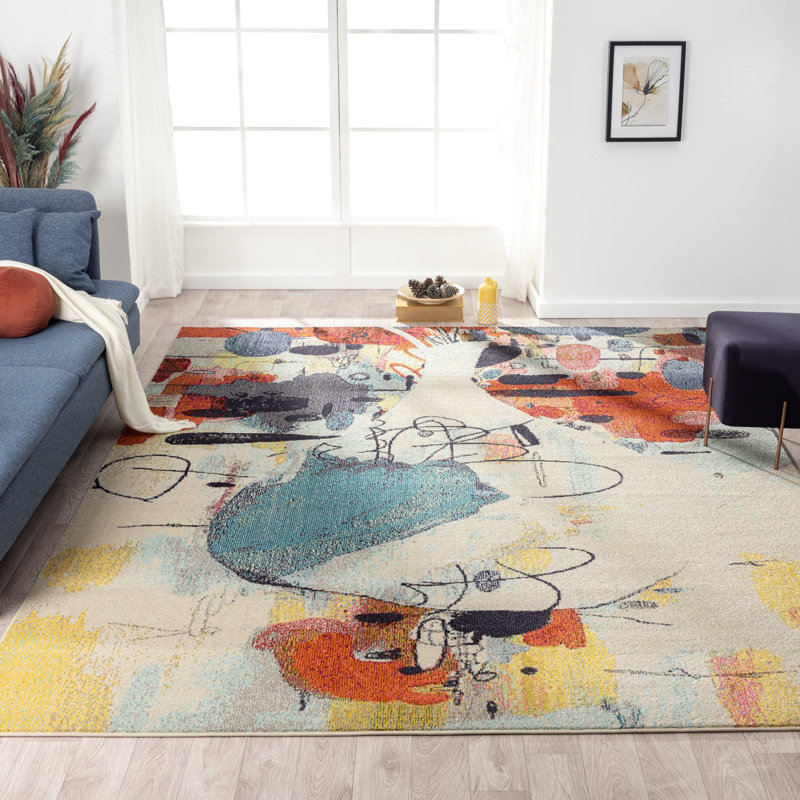 Tapis abstrait COLORWRKS Ivoire / bleu / jaune / rouille, Rectangle 5 pi 6 po x 8 pi 6 po